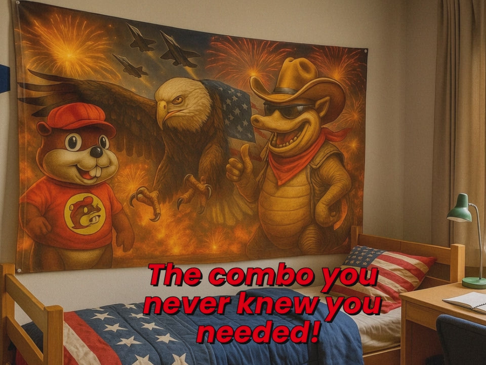 Buccee The Beaver and Texas Roadhouse Andy Patriotic Limited Release Dorm Flag